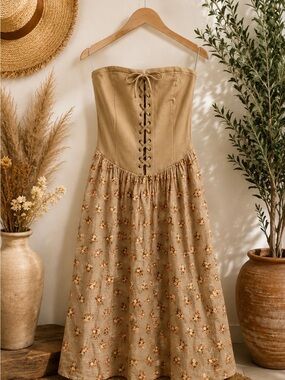 Urban Outfitters Ecoté Corset Lace-Up Floral Strapless Dress-BOHO Cottagecore